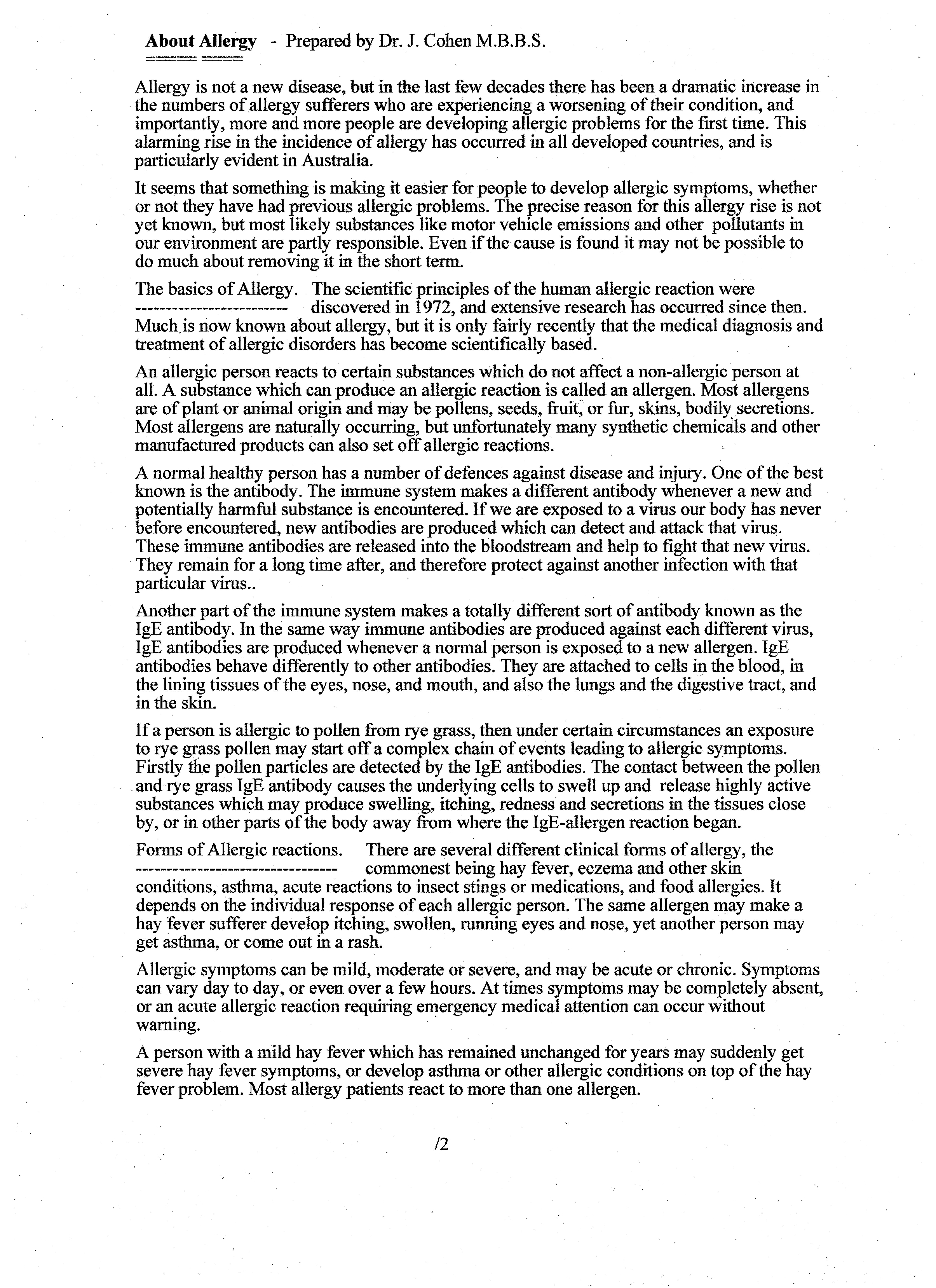 Allergy Information for Patients of Dr Jeffery Cohen
Page One