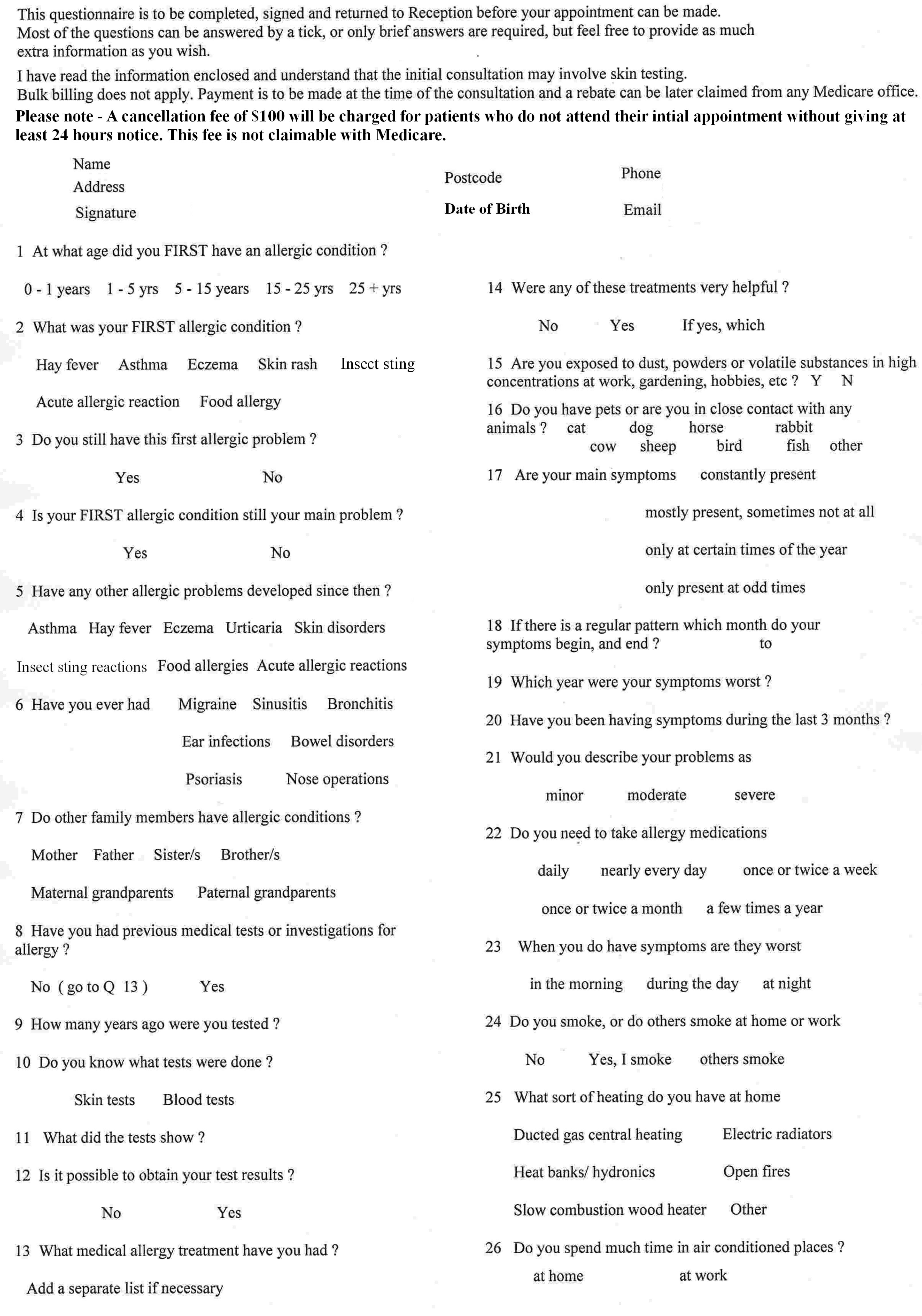 Doctor Jeff Cohen Allergy Questionnaire